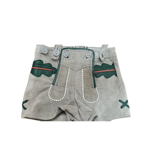 80s Leather Lederhosen Brown/Grey with Green and Red Leather Piping Details - Picture 4 of 11